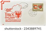 Small photo of Austria - circa 1963 : First Day Cover Letter printed by Austria, with cancelled postage stamp that celebrates Tyrol’s Union with Austria, 600th Anniversary circa 1963.