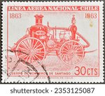 Small photo of Chile - circa 1963 : Cancelled postage stamp printed by Chile, that shows Fire engine of 1860's, 100 Anniversary Santiago Fire Brigade, circa 1963.