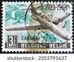 Small photo of Belgium - circa 1963 : Cancelled postage stamp printed by Belgium, that shows Sud Aviation SE 210 Caravelle - Twin-engine Jet Aircraft, circa 1963.