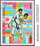 Small photo of Equatorial Guinea - circa 1980 : Cancelled postage stamp printed by Equatorial Guinea, that shows Judo, Summer Olympics 1972, Munich, circa 1972.