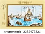 Small photo of Cuba - circa 1987 : Souvenir Sheet with cancelled postage stamp printed by Cuba, that shows Galleon in the port of La Coruna (1525), 1 Spanish-America, circa 1987.