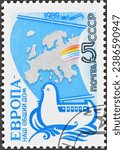 Small photo of Soviet Union - circa 1989 : Cancelled postage stamp printed by Soviet Union, that shows Map of Europe Above Dove as Galley, Europe - Our Common Home, circa 1989.