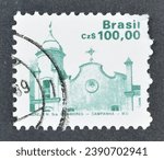 Small photo of Brazil - circa 1987 : Cancelled postage stamp printed by Brazil, that shows Church of Our Lady of Sorrows, Campanha, circa 1987.