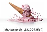 Small photo of A soft strawberry ice cream cone with swirling splashes, crushed on the floor. Sweet cream dessert, frozen summer dessert with dairy products