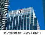 Small photo of Canary Wharf, London, UK. 11th August 2022. Low angle view of the Citigroup Centre building located at Canary Wharf in London's Docklands district, against a clear blue sky.
