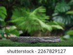 Small photo of Stone podium table top outdoors blur green monstera tropical forest plant nature background.Beauty cosmetic healthy natural product placement pedestal display,spring or summer jungle paradise.