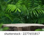 Small photo of Wood tabletop counter podium floor in outdoors tropical garden forest blurred green palm leaf plant nature background.Natural product placement pedestal stand display,summer jungle paradise concept.