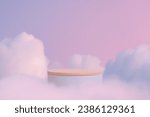Minimal podium table top in outdoor on blue sky pink pastel soft cloud background.Beauty cosmetic product placement pedestal present promotion stand display,surreal paradise dreamy concept.