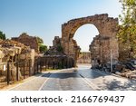 Awesome view of the Vespasian Gate in Side, Turkey. Amazing ruins of the ancient city are a popular tourist attraction of the world.