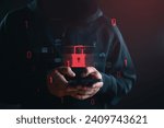 Small photo of Cyberattack cybercrime hacker smartphone. Internet web hack technology. Digital mobile phone in Scammer hand. Data protection, secured internet access, cybersecurity banner, Stealing data information.
