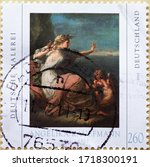 Small photo of GERMANY - CIRCA 2010: a postage stamp printed in Germany showing a painting The Abandoned Ariadne by Angelika Kauffmann