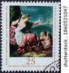Small photo of GERMANY, DDR - CIRCA 1976 : a postage stamp from Germany, GDR showing a portrait of a woman: the abandoned Ariadne; by Angelika Kauffmann. State Art Collections Dresden, Old Masters Gallery: Paintings