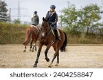 Small photo of Horse during training with rider on the riding arena, galloping in a turn, photographed from the front in the background by another rider.