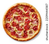 Small photo of Meat pizza with bacon, salami, hunting sausages, jalapeno and onions isolated on white background
