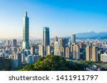 Beautiful landscape and cityscape of taipei 101 building and architecture in the city skyline with bluesky and white cloud at Taiwan