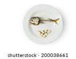 Small photo of Fish skeleton and modicum foods on plate, Concept of food shortage, poor