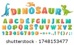 Cartoon dino font. Dinosaur alphabet letters and numbers, funny dinos letter signs for nursery or kindergarten kids vector illustration set. Alphabet dinosaur, abc kids letter typography