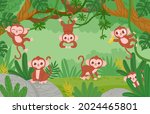 Cute Monkeys Hanging On Lianas...