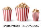 Realistic full large, medium and small popcorn bucket. Red striped pop corn portion cups sizes. Movie snack food. Popcorn buckets vector set. Packages with sweet or salty snack for premiere