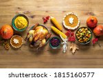 Thanksgiving dinner food, fall festive culinary concept, top down view, copy space for a text