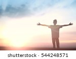 Small photo of Happy muslim man reborn worship god on morning. Self Praise bible for victory yourself love sunset, educate concept for success peace, freedom financial, good energy vision positive thinking wellbeing