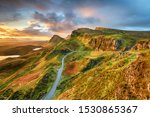 Dramatic sunrise sky over the Quiraing hills on the Trotternish peninsula on the Isle of Skye in the Highlands of Scotland