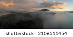 Small photo of Fog Creeps In Over the Salish Sea and Lummi Island, Washington. Aerial drone view of the south end of Lummi Island, Washington situated in the Salish Sea area of western Washington state.