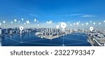 Small photo of Modern cityscape and location information concept. GPS. Global Positioning System. Navigation map. Composite visual with a drone point of view. Mixed media.