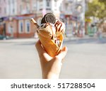 Female hand holding ice cream with chocolate sauce and cookies