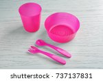bright baby dishware on table | Shutterstock . vector #737137831