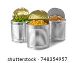 Open tin cans with different food on white background