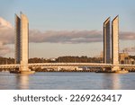 Small photo of Bordeaux skyline. Jacques Chaban lifting bridge over Garonne river. France