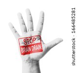 Small photo of Open hand raised, Stop Brain Drain sign painted, multi purpose concept - isolated on white background