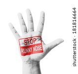 Small photo of Open hand raised, Stop Runny Nose (Rhinorrhea) sign painted, multi purpose concept - isolated on white background