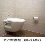 Modern flush toilet or WC in small bathroom with push button flush