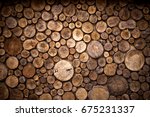 Cross section of tree trunks background. Decoration of cutting tree. Cutting tree trunks placed together for interior decorate, background