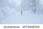 Small photo of Freeride snowboarder rides along a groomed ski resort trail leading through the foggy forest in the Slovenian Julian Alps. Unrecognizable female tourist rides her snowboard across the wintry woods.