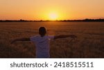 Small photo of Kid Boy running through field of wheat at sunset, child pilot runs in sun, child dreams of becoming an airplane pilot. Happy child runs with arms raised like airplane wings, child dream. Silhouette