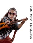 Small photo of Imaginary pop-rock star, a young girl with an electric guitar, sunglasses, perched on a velvet baroque armchair, basking in adulation