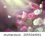 Fantasy magical Eustoma flowers garden in enchanted fairy tale dreamy elf forest with fabulous fairytale blooming tender roses and two flying butterflies in early morning on mysterious background.