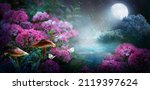 Small photo of Fantasy magical fairy tale landscape with enchanted forest lake, fabulous fairytale blooming pink rose flower garden, mushrooms and two butterflies on mysterious background and glowing moon in night.
