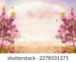 Small photo of Fantasy fairy tale forest with blooming pink apple tree garden and rainbow in sky, enchanted road path with luminous solar reflection sparkles and flying butterflies, nature landscape background.