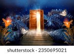 Small photo of Fantasy enchanted fairy tale forest with magical opening secret wooden door and stairs leading to mystical shine light outside the gate, Lilies flowers, rays and flying fairytale magic butterflies.