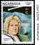 Small photo of NICARAGUA - CIRCA 1985: a stamp printed in Nicaragua shows Edmond Halley and Halley's Comet