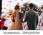 young couple in love.Wedding photo.Rose petals over a couple in love.Wedding ceremony with flowers