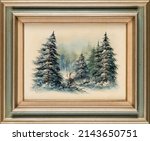 Evergreen pine trees snow covered in forest. Framed vintage winter scene oil painting. Christmas concept.