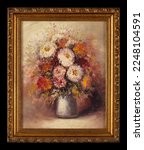 Small photo of Framed still life impasto oil painting depicting multi colored dahlia flower heads in a gray vase. Beautiful vintage floral painting.