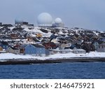 Small photo of Approaching Vardo, the easternmost town in Norway, Troms og Finnmark county. Globus radar system prominent in the skyline