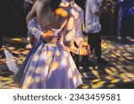 Small photo of High school graduates dancing waltz and classical ball dance in dresses and suits on school prom graduation, classical ballroom dancers dancing, waltz, couples quadrille and polonaise
