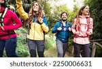 Small photo of Front view of people group trekking in woods at european alps - Hikers with backpack walking around wild mountain forest - Wanderlust life concept with young friends at excursion - Warm vivid filter